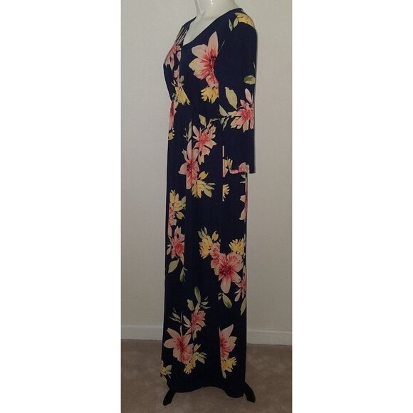 Mother Bee Maternity Dress Blue Floral Size Large Maxi Length Green Pink Yellow - Picture 5 of 12